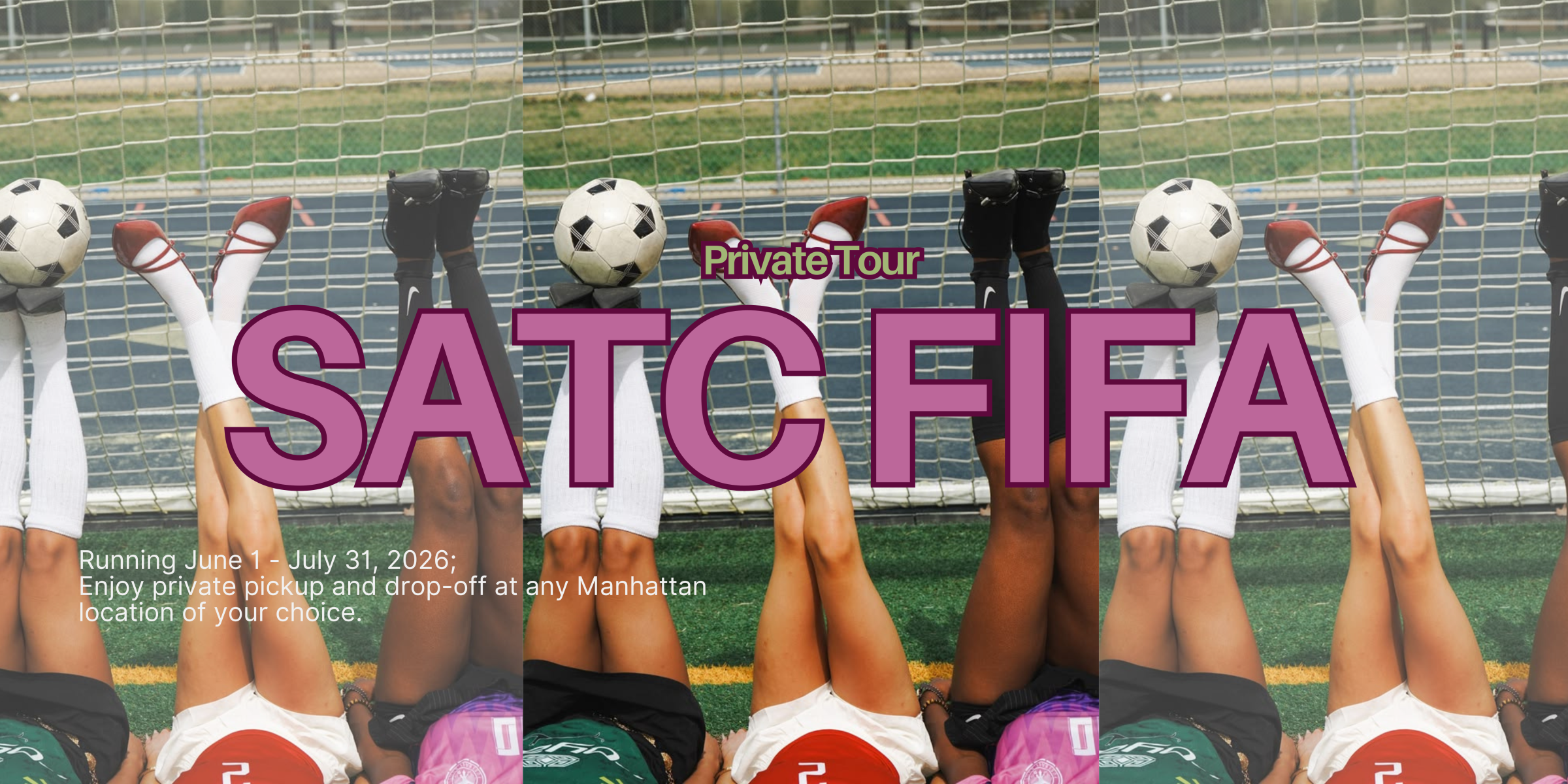 Four people lying on soccer field with legs up, soccer ball balanced, SATC FIFA text overlay.