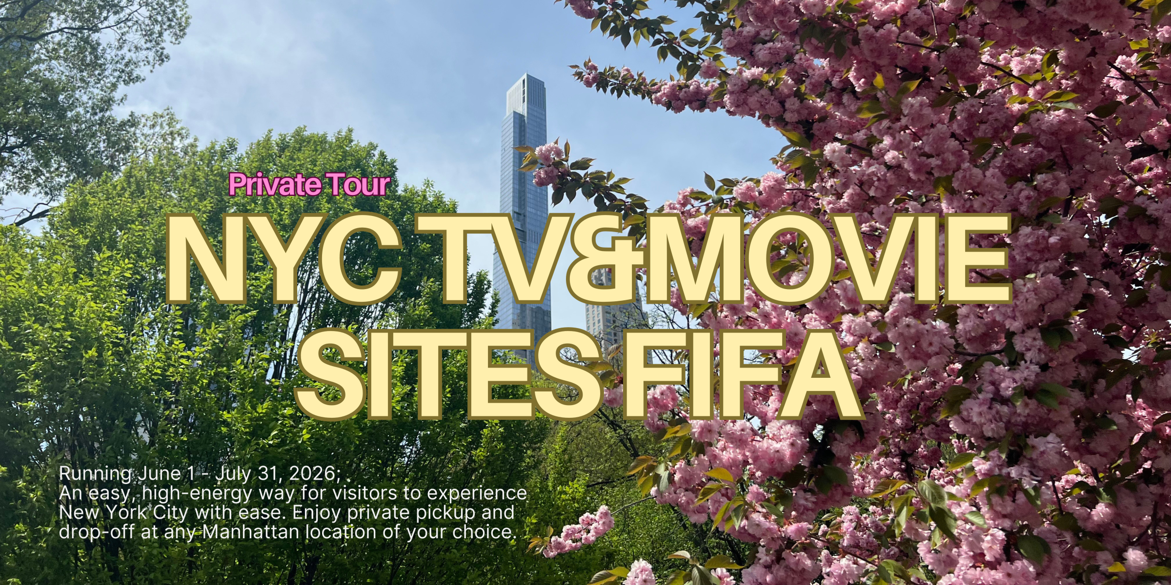 Spring scene with NYC tour text overlay on trees and flowers.