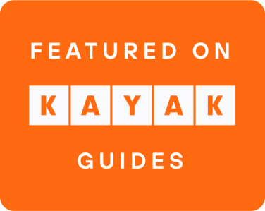 Orange badge with text: 'Featured on KAYAK Guides'.
