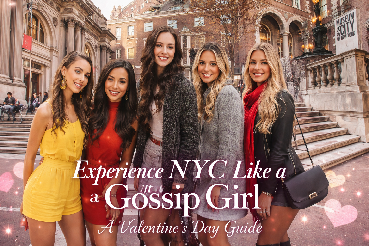 Five women in stylish outfits pose in front of a city museum.