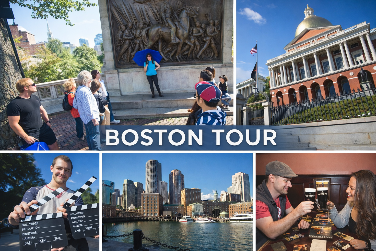 Collage with Boston landmarks and activities: guided tour, skyline, State House, clapperboard, pub scene.