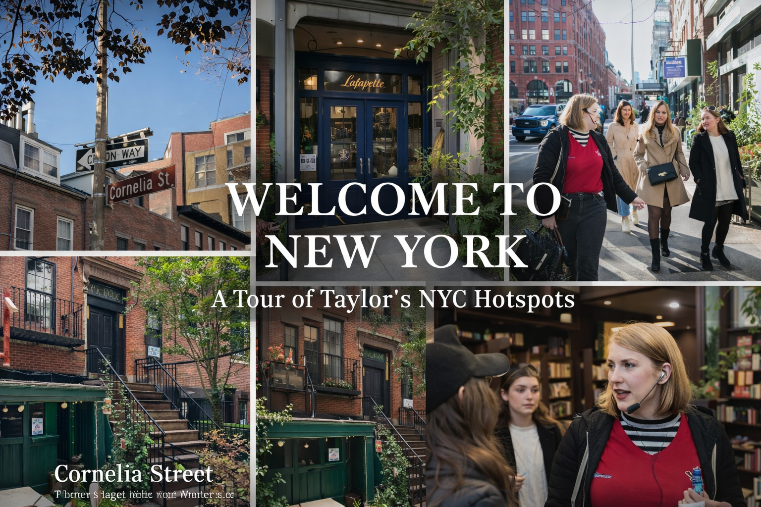 Collage of NYC street scenes and text: 'Welcome to New York, A Tour of Taylor's NYC Hotspots'.