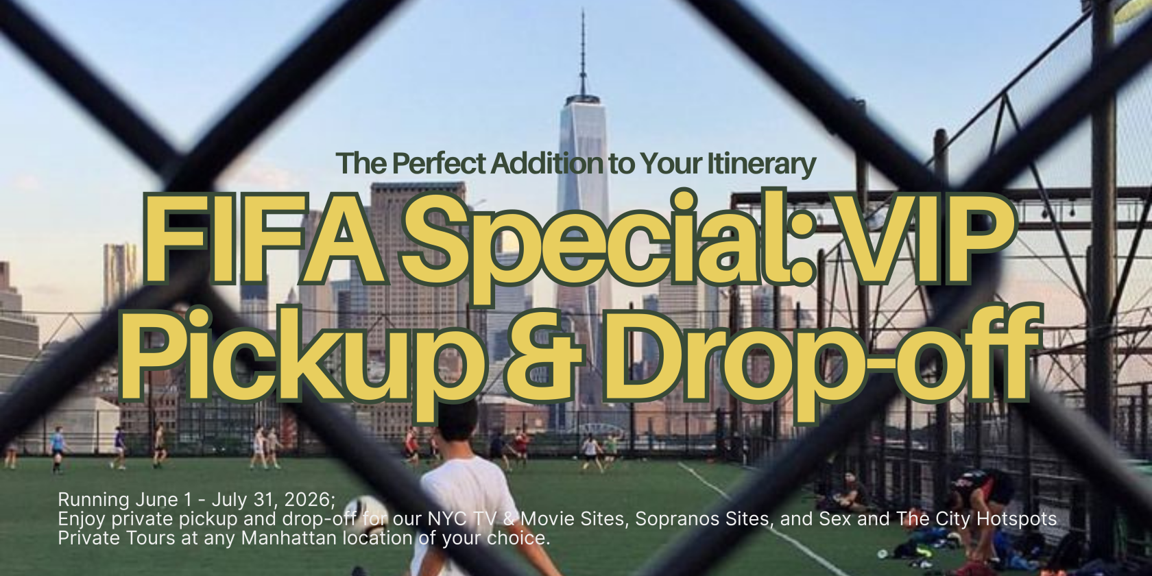 Text promotes VIP pickup and drop-off services with a city skyline view through a fence.