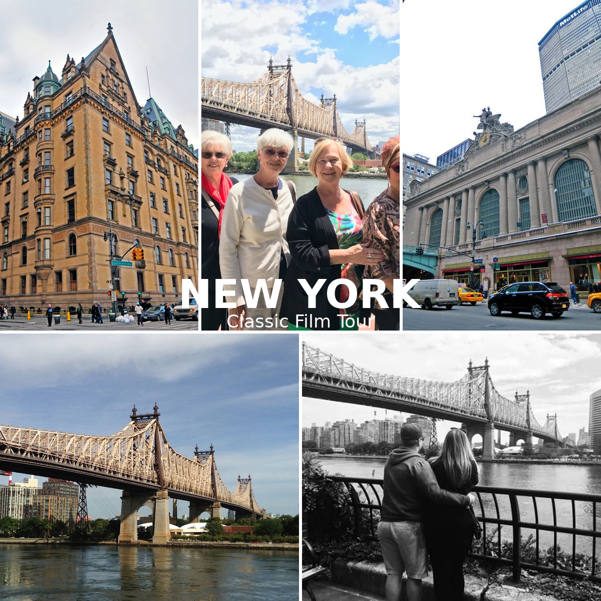 Collage of New York landmarks with people and bridges labeled 'New York Classic Film Tour'.